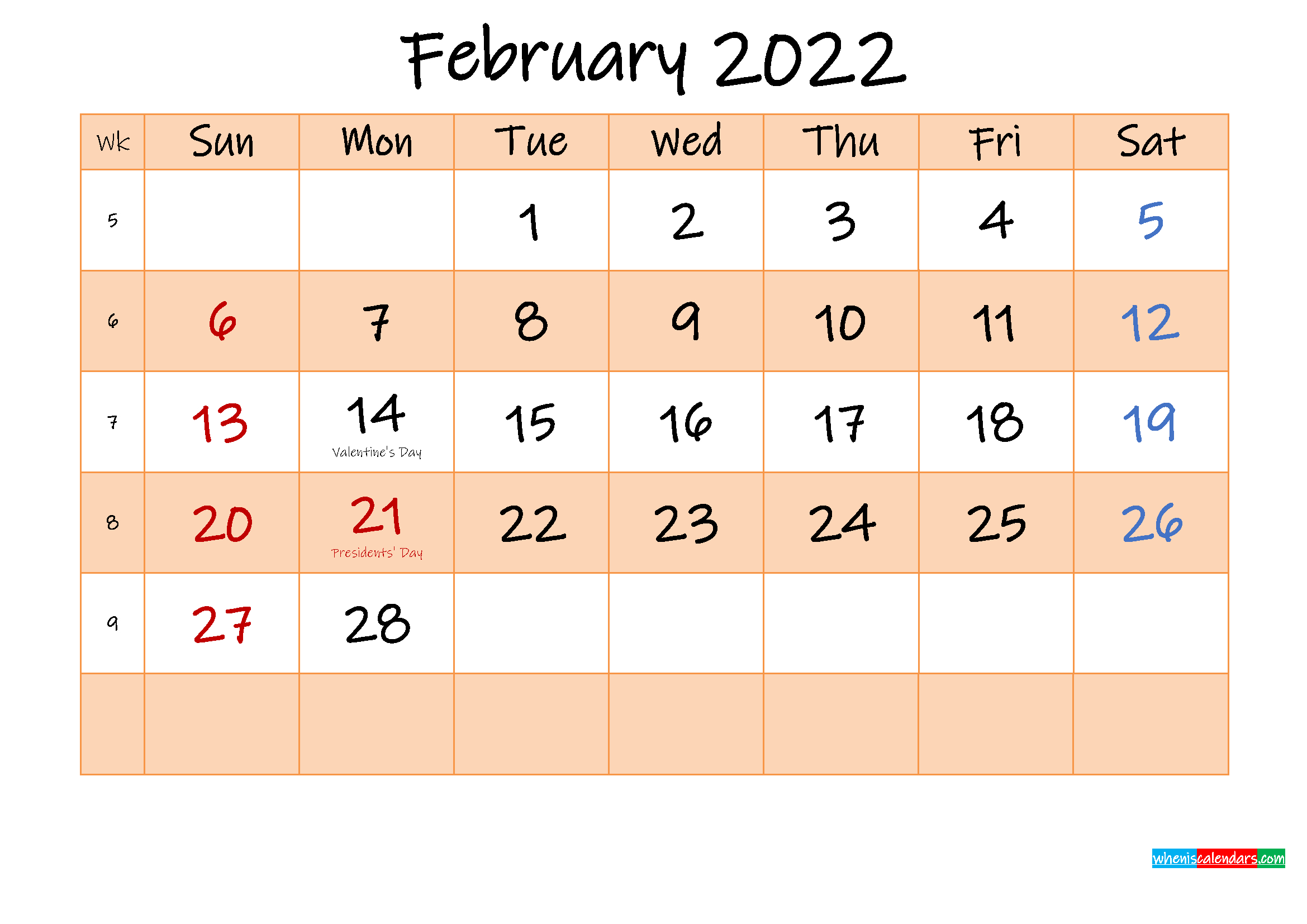 Editable February 2022 Calendar - Template No.ink22M482