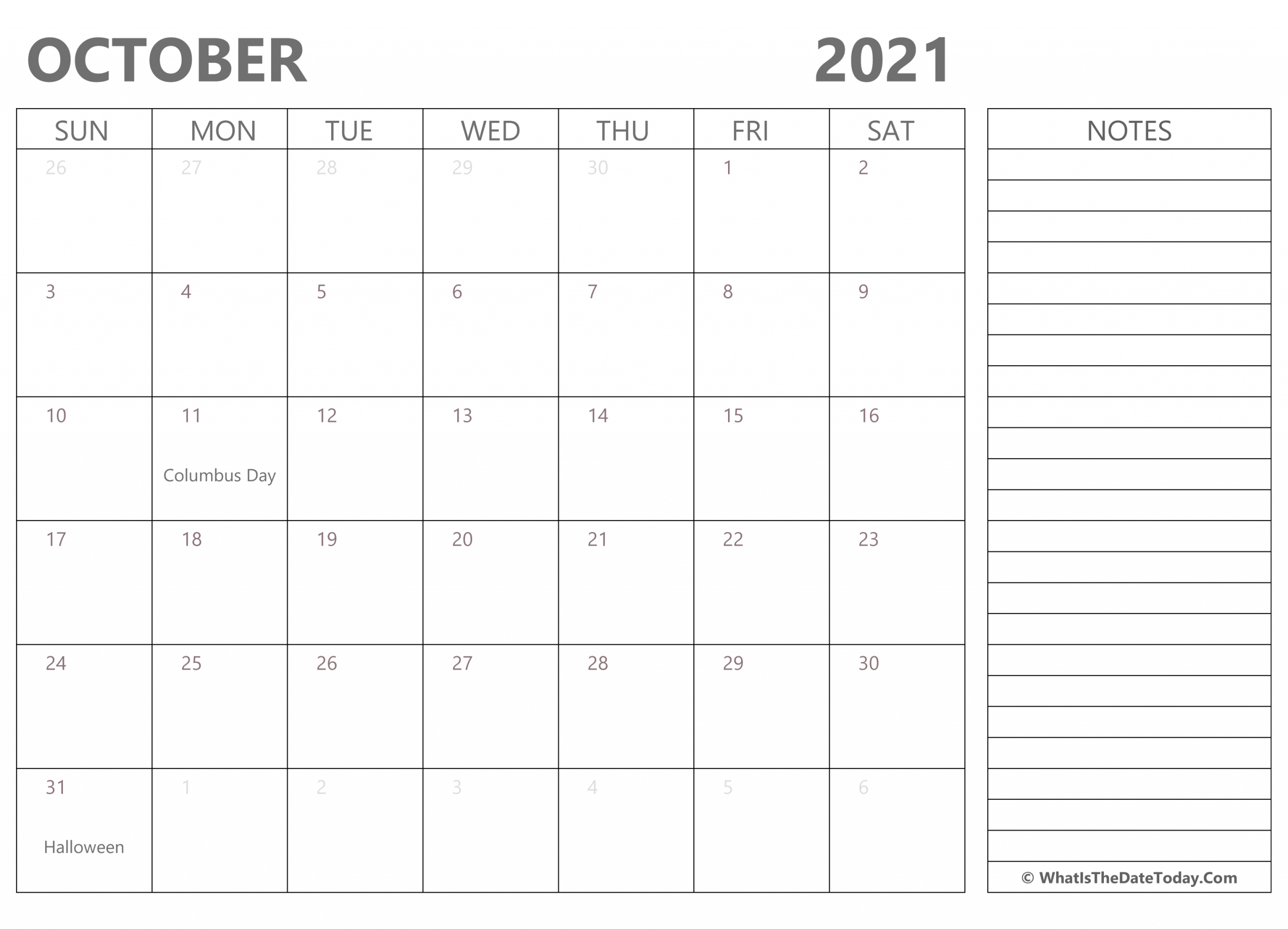 Editable October 2021 Calendar With Holidays And Notes