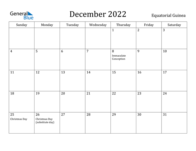 Equatorial Guinea December 2022 Calendar With Holidays