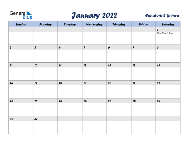 Equatorial Guinea January 2022 Calendar With Holidays