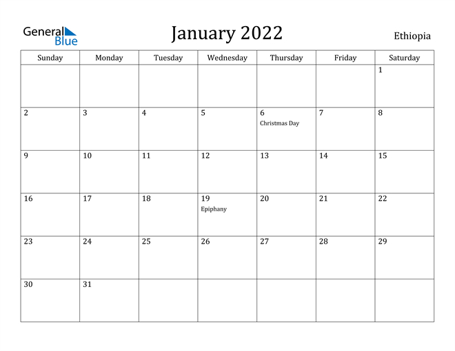 Ethiopia January 2022 Calendar With Holidays