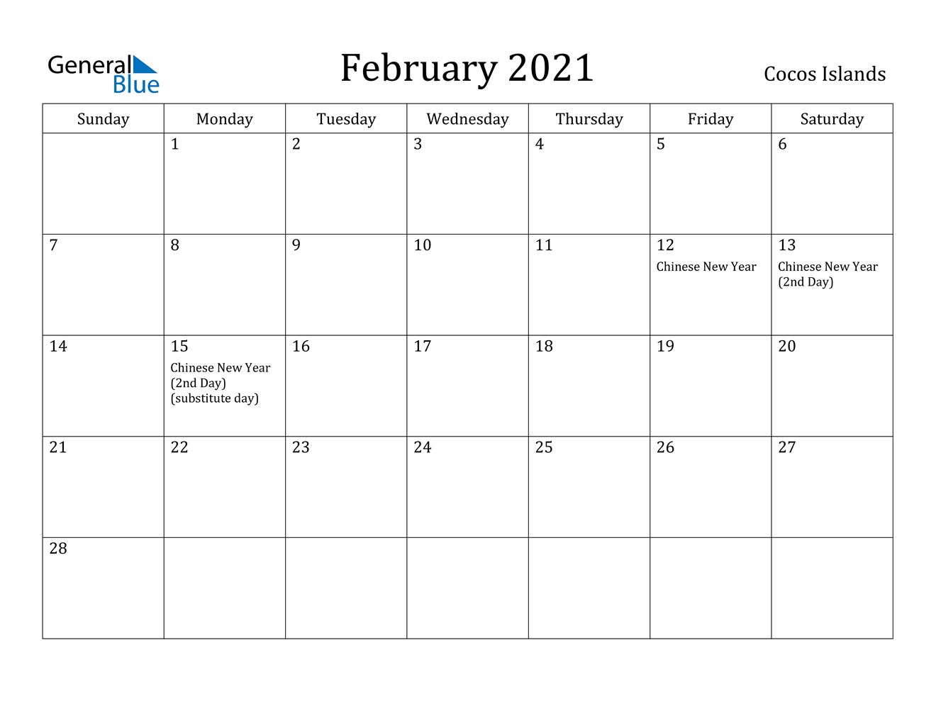 February 2021 Calendar - Cocos Islands