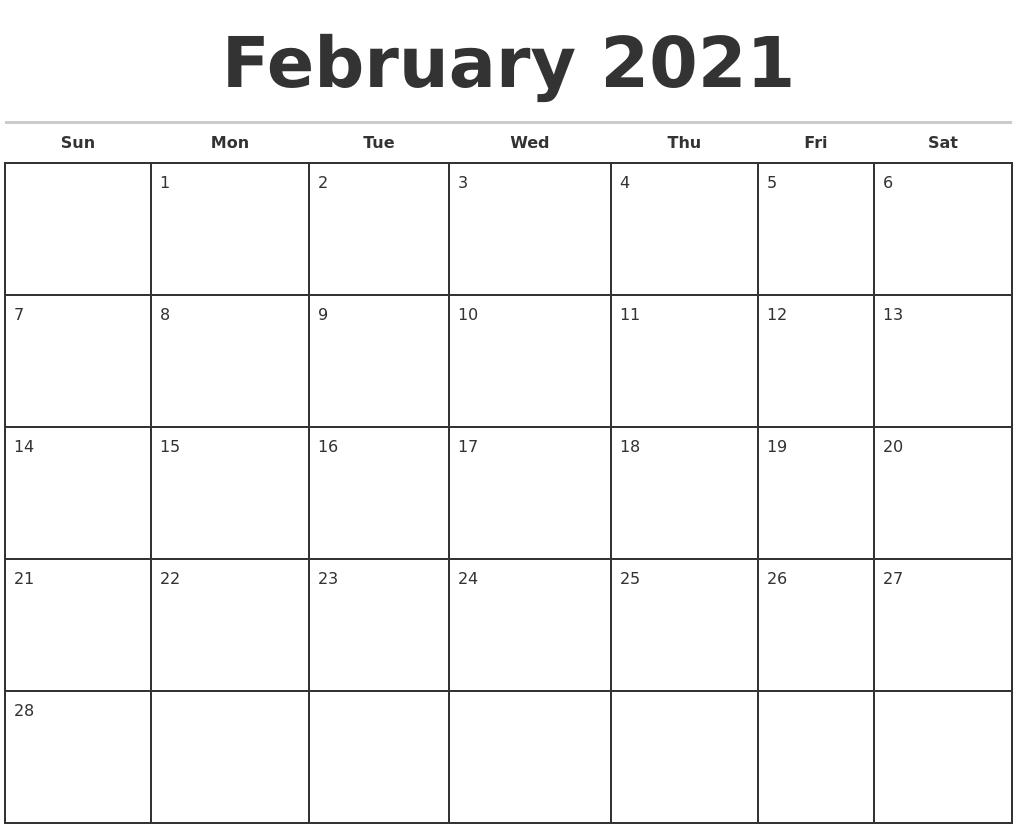 February 2021 Monthly Calendar Template