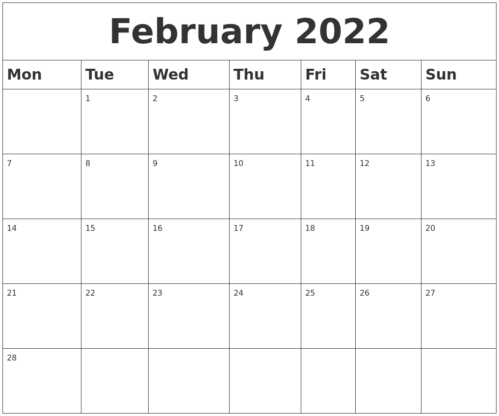 February 2022 Blank Calendar