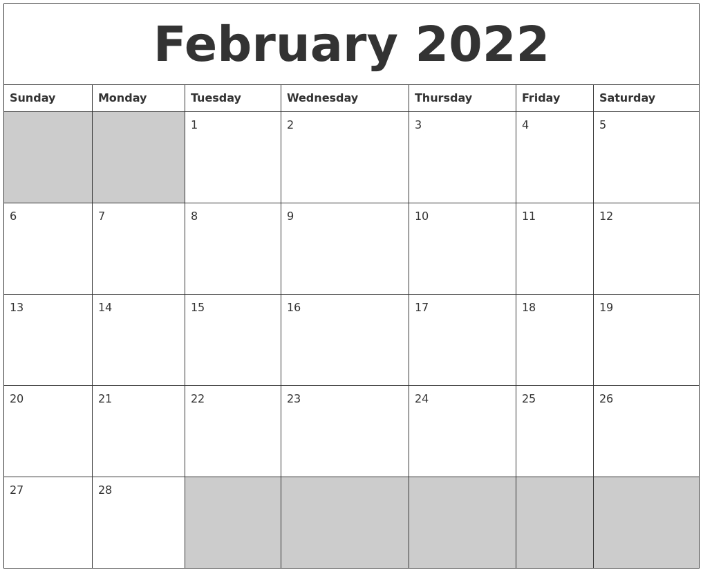 February 2022 Blank Printable Calendar