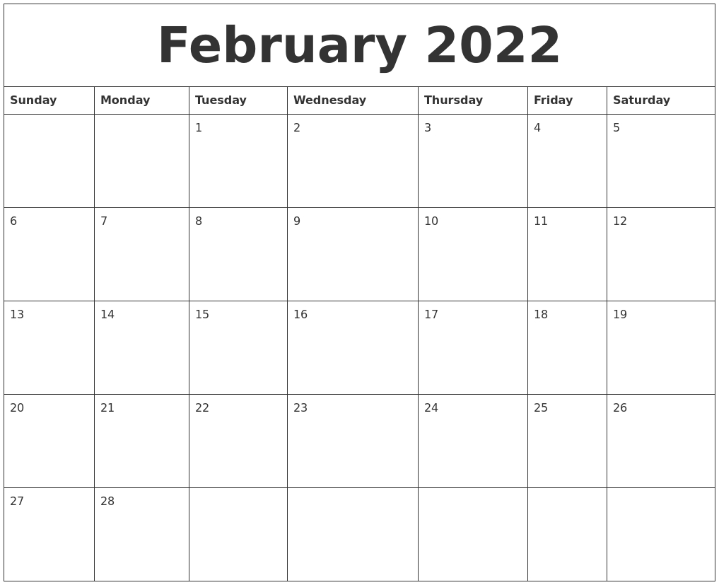 February 2022 Calendar Blank