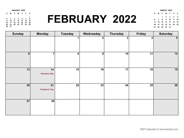 February 2022 Calendar | Calendarlabs