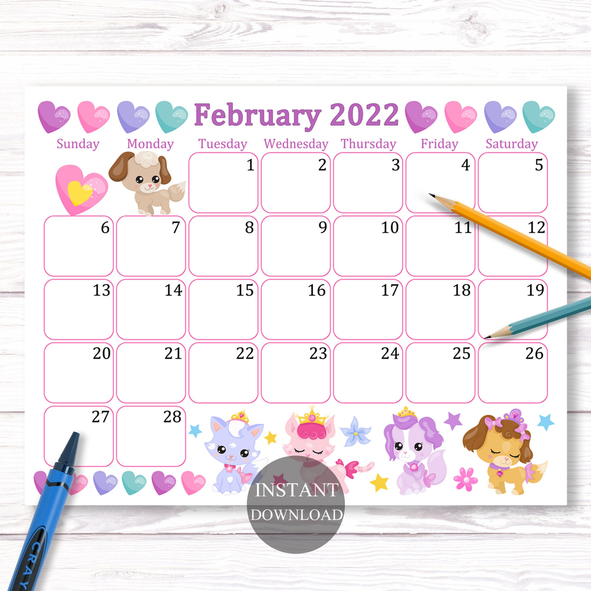 February 2022 Calendar Digital Download Monthly Calendar
