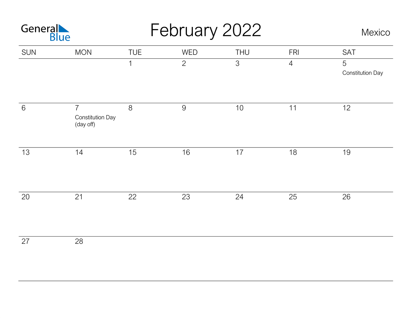 February 2022 Calendar - Mexico