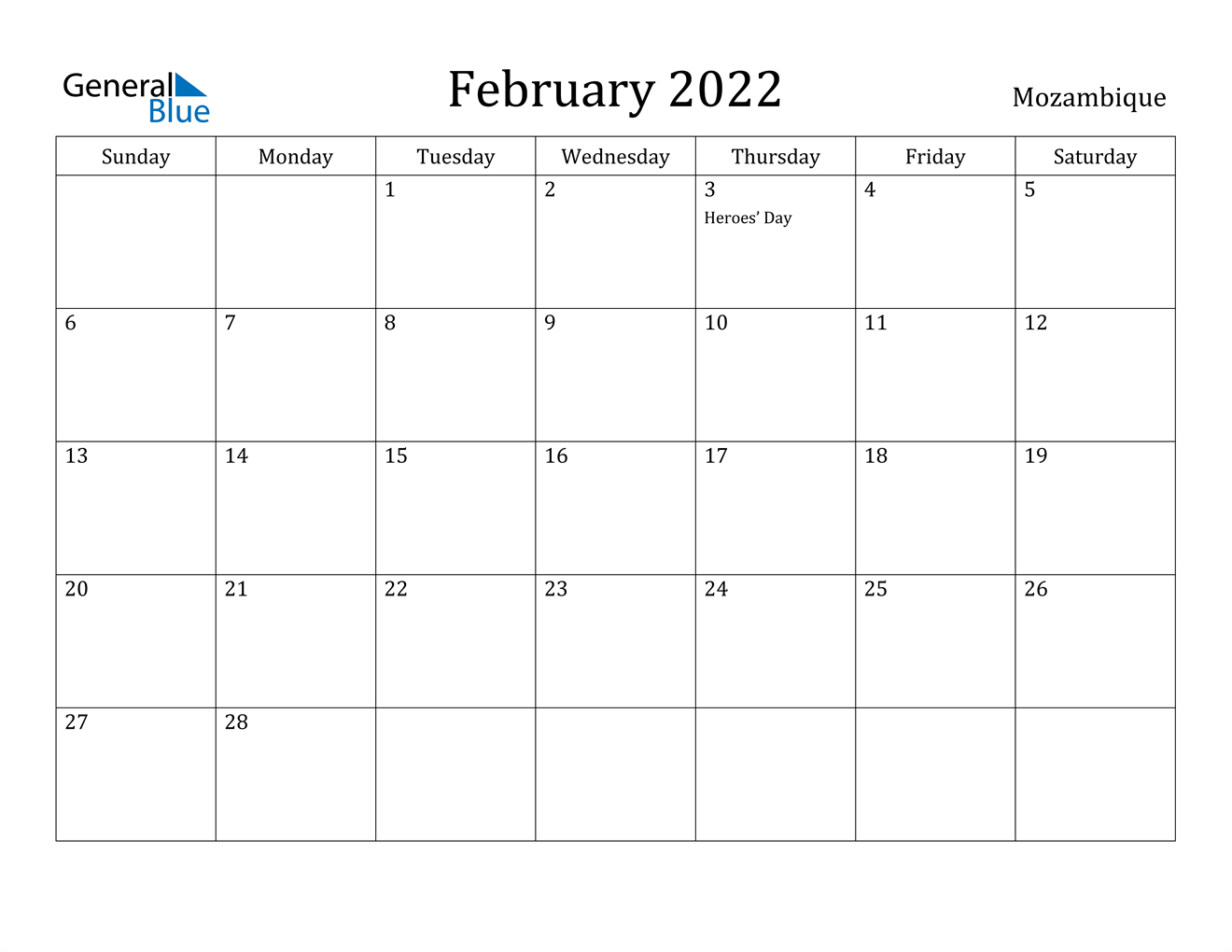 February 2022 Calendar - Mozambique