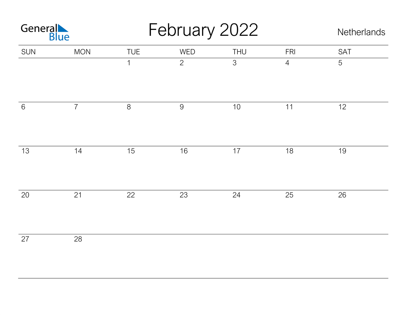 February 2022 Calendar - Netherlands