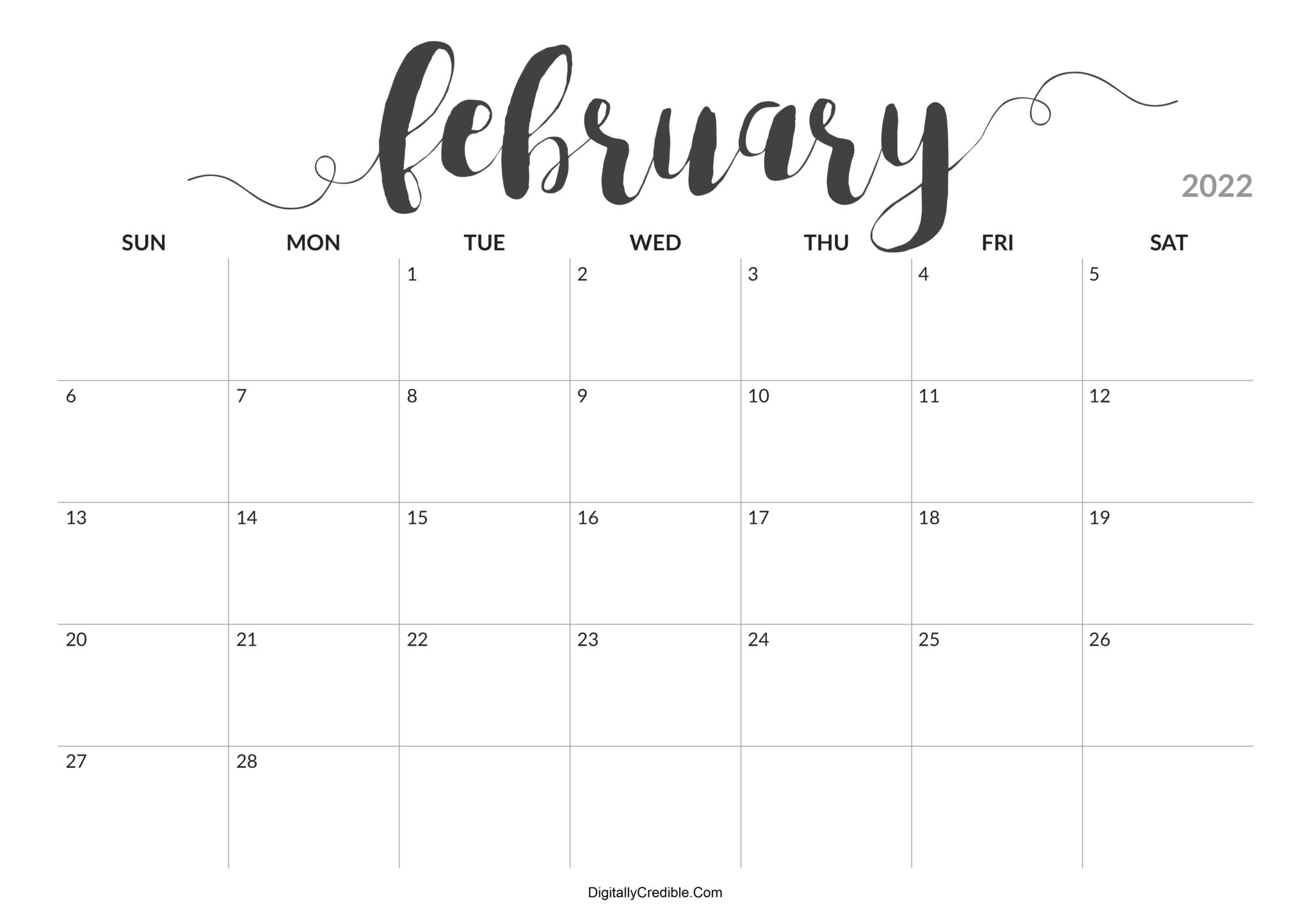 February 2022 Calendar Printable - Desk &amp; Wall - Digitallycredible