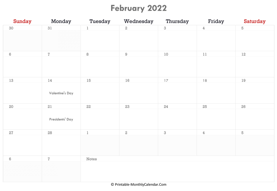 February 2022 Calendar Printable With Holidays