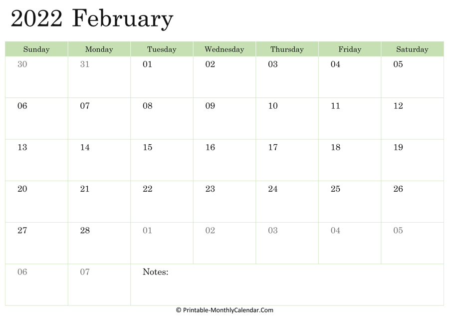 February 2022 Calendar Printable With Holidays