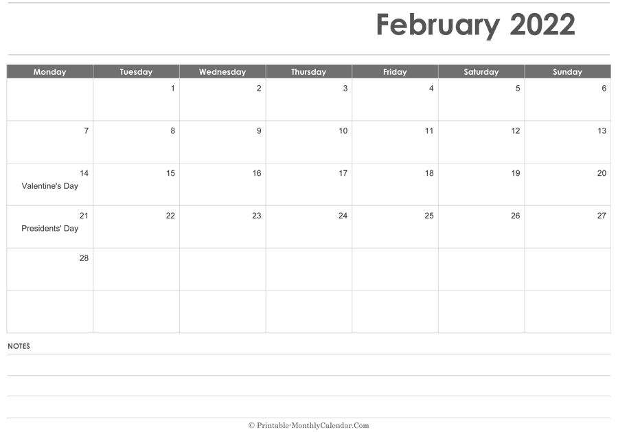 February 2022 Calendar Printable With Holidays