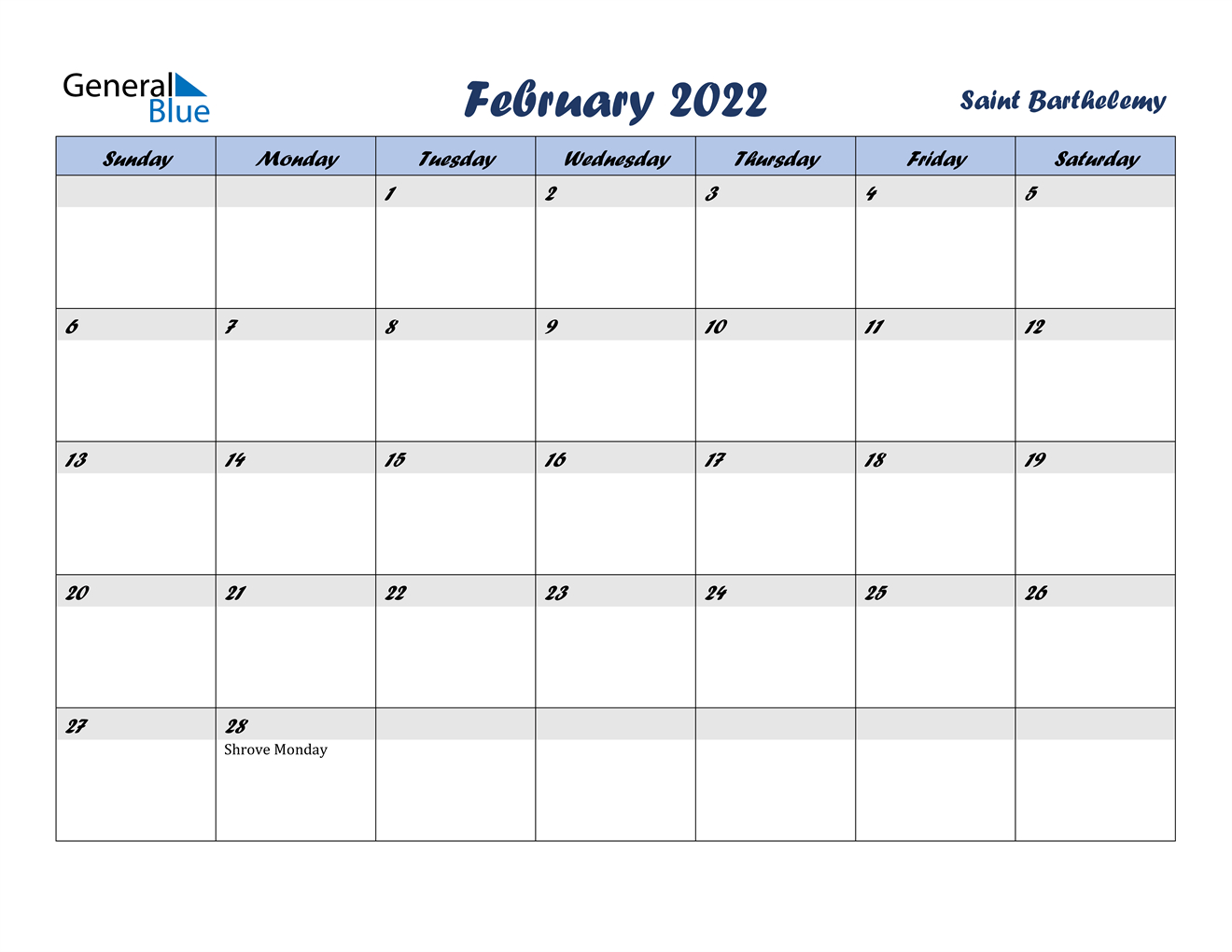 February 2022 Calendar - Saint Barthelemy