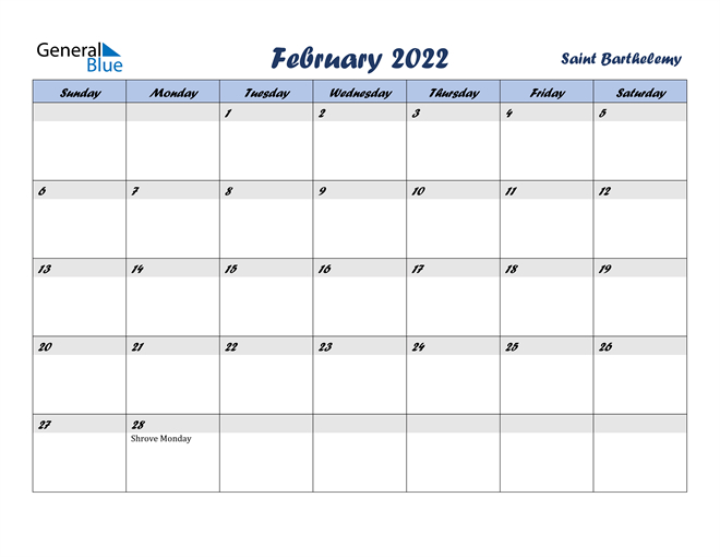 February 2022 Calendar - Saint Barthelemy