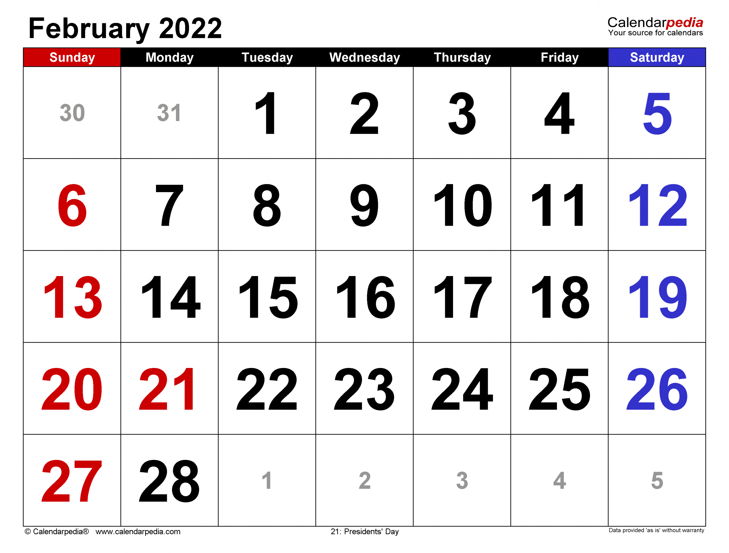 February 2022 Calendar | Templates For Word, Excel And Pdf