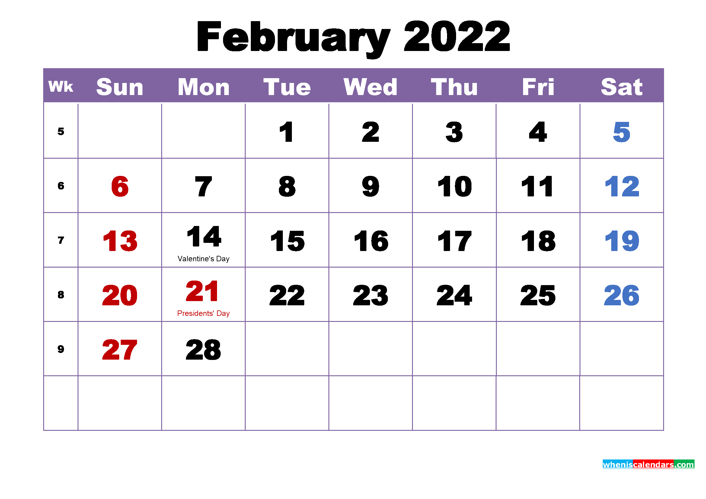 February 2022 Calendar With Holidays Printable