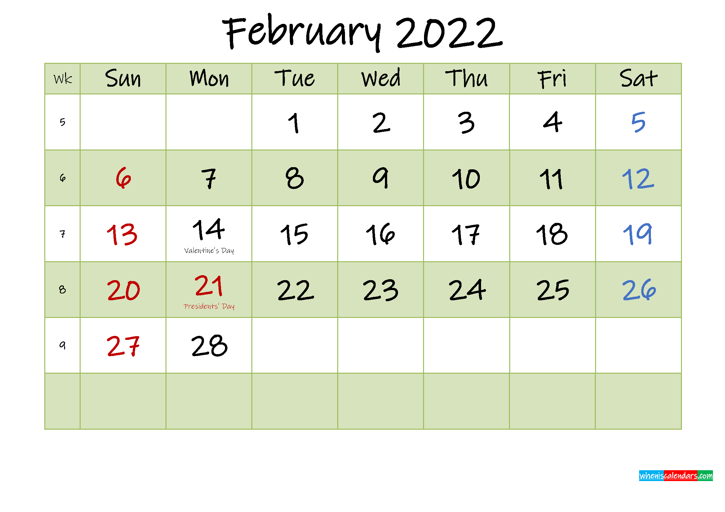 February 2022 Calendar With Holidays Printable - Template