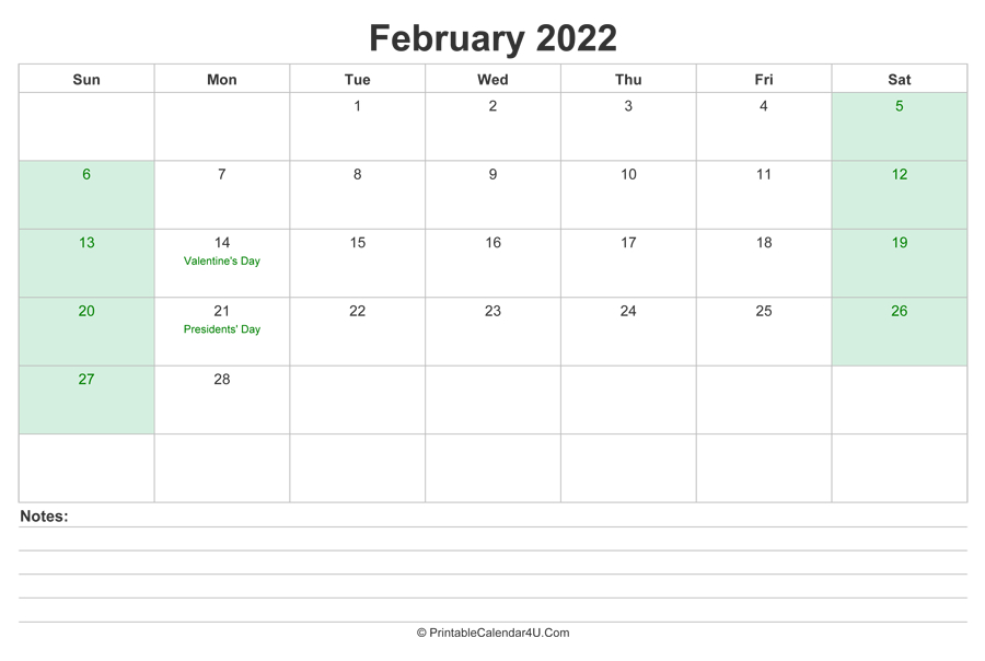 February 2022 Calendar With Us Holidays And Notes