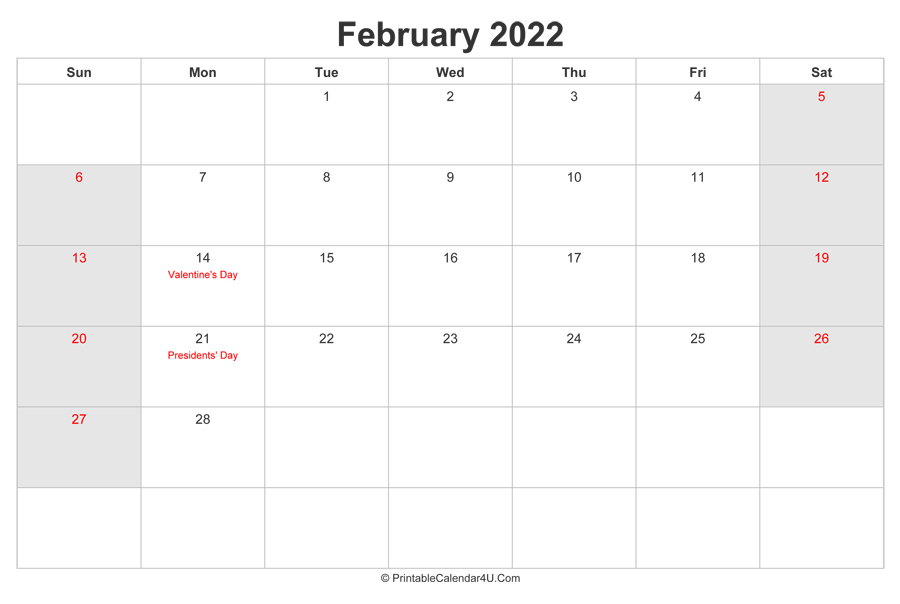 February 2022 Calendar With Us Holidays Highlighted