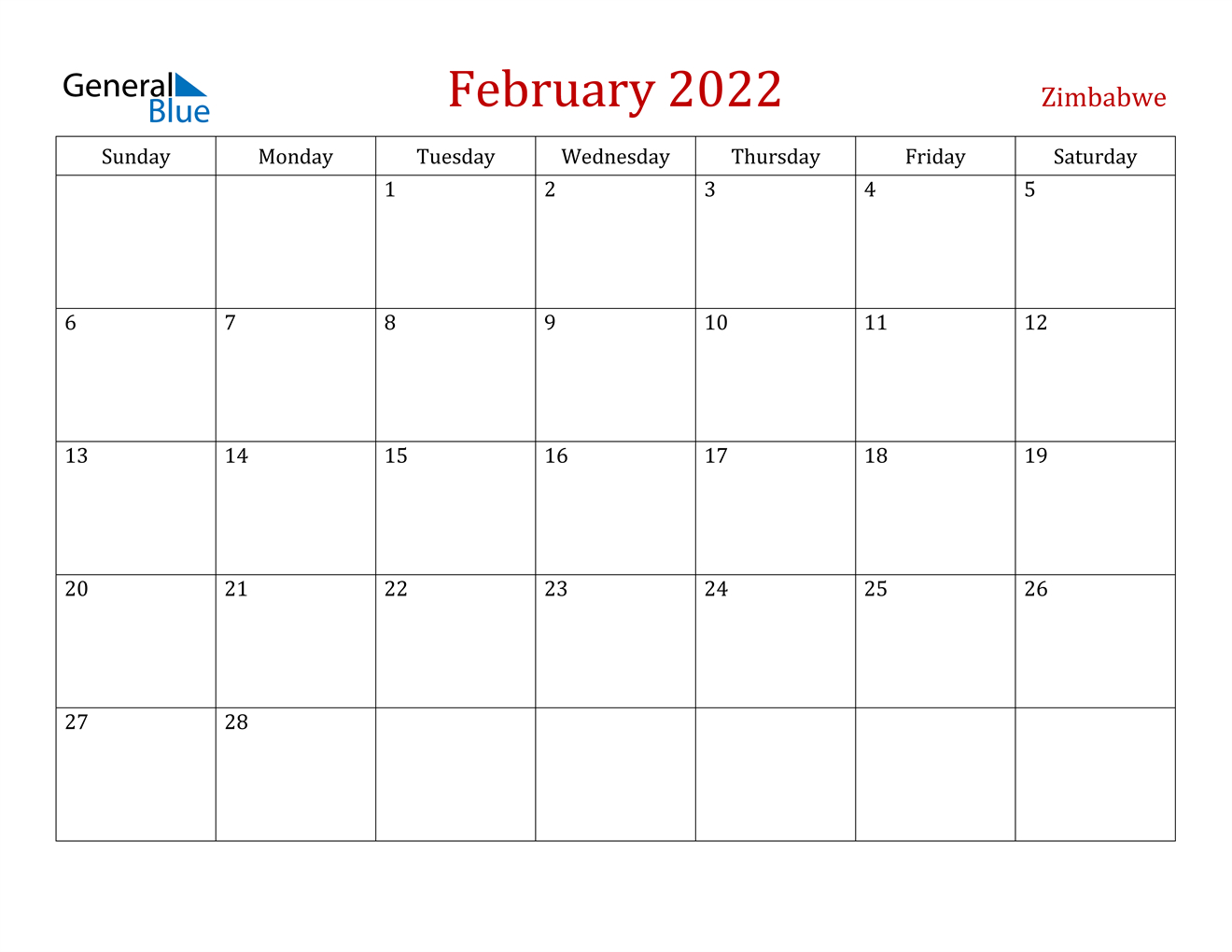 February 2022 Calendar - Zimbabwe