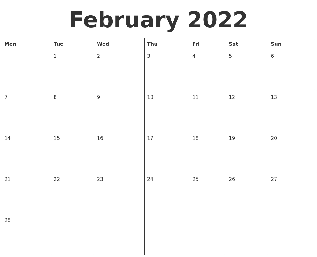 February 2022 Calendar