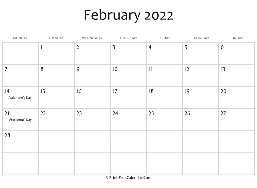 February 2022 Editable Calendar With Holidays