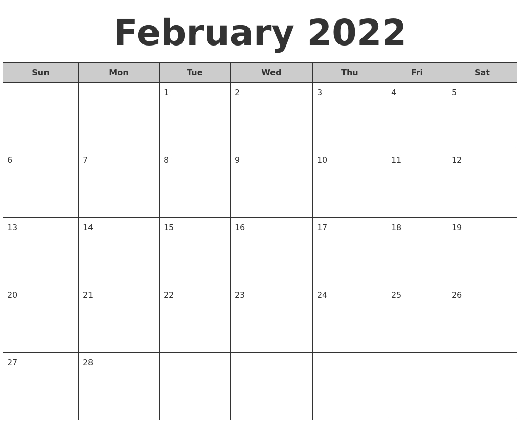 February 2022 Free Monthly Calendar
