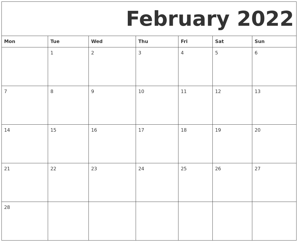 February 2022 Free Printable Calendar