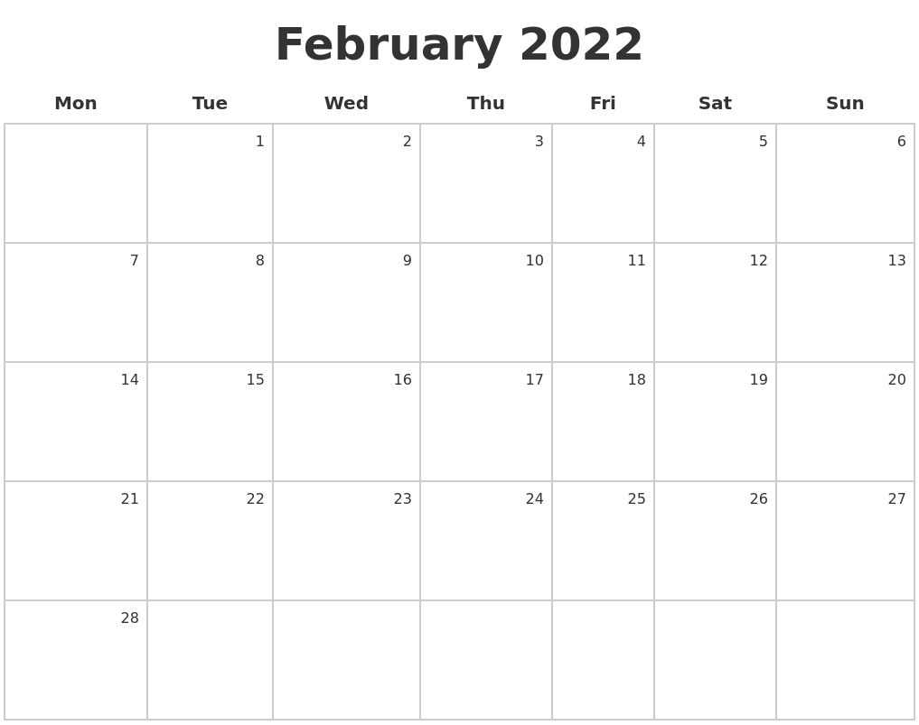 February 2022 Make A Calendar