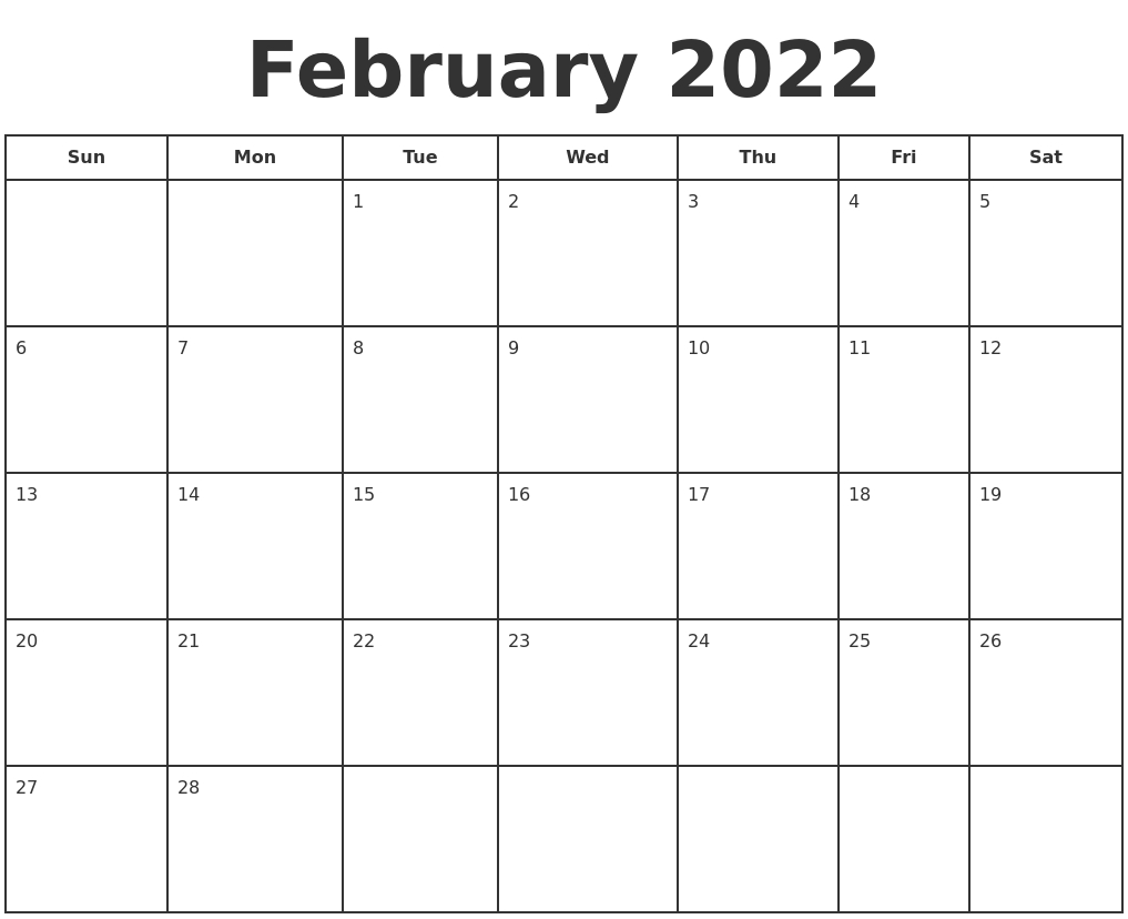 February 2022 Print A Calendar