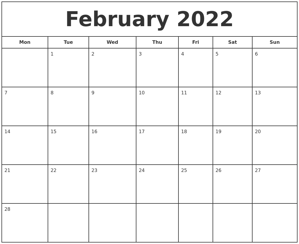 February 2022 Print Free Calendar