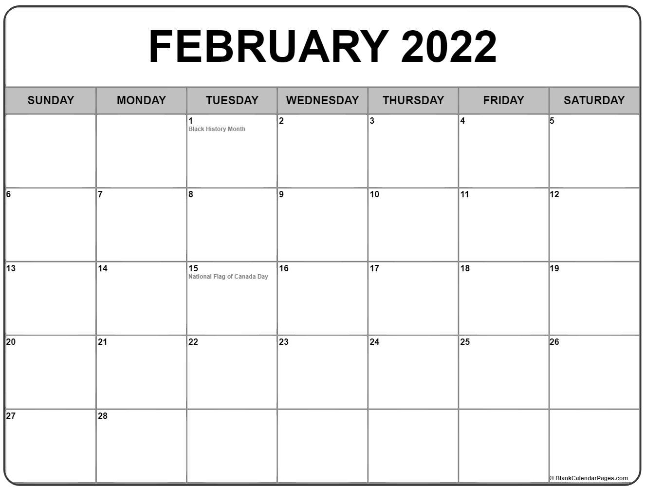 February 2022 With Holidays Calendar