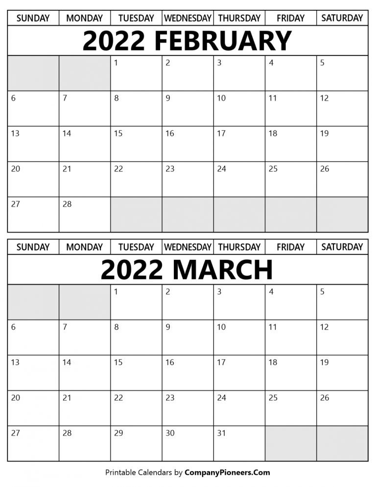 February March 2022 Calendar Printable - Template