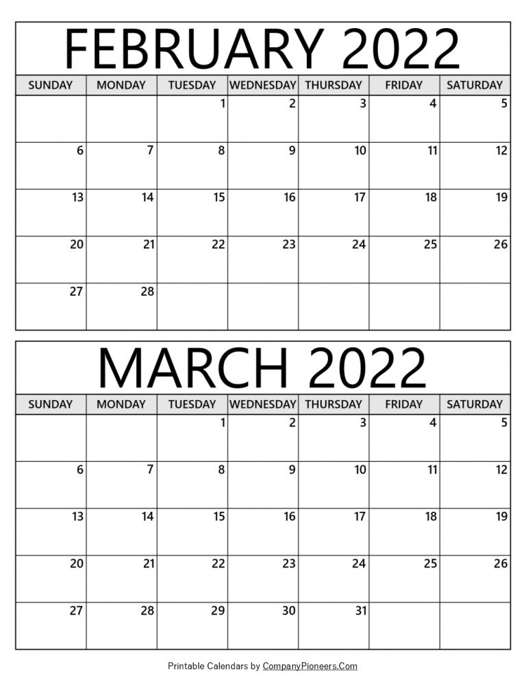 February March 2022 Calendar Printable - Template