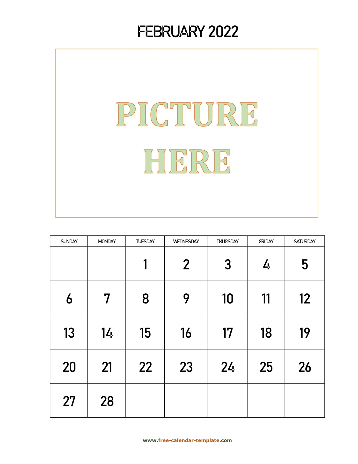 February Printable 2022 Calendar, Space For Add Picture