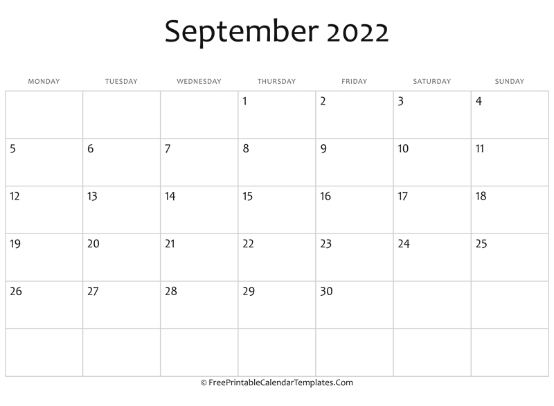 Fillable September Calendar 2022 (Horizontal)