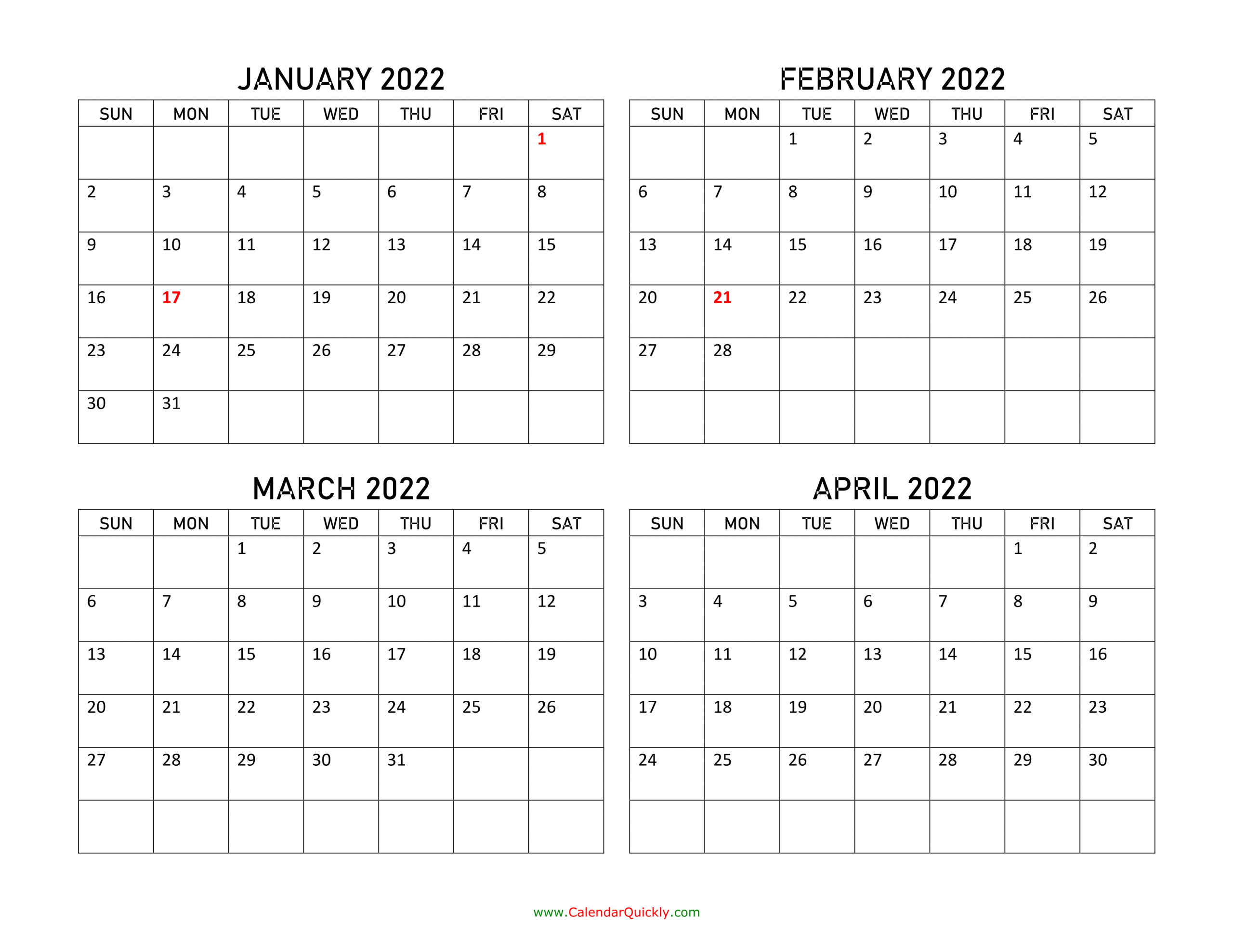 Four Months 2022 Calendar | Calendar Quickly