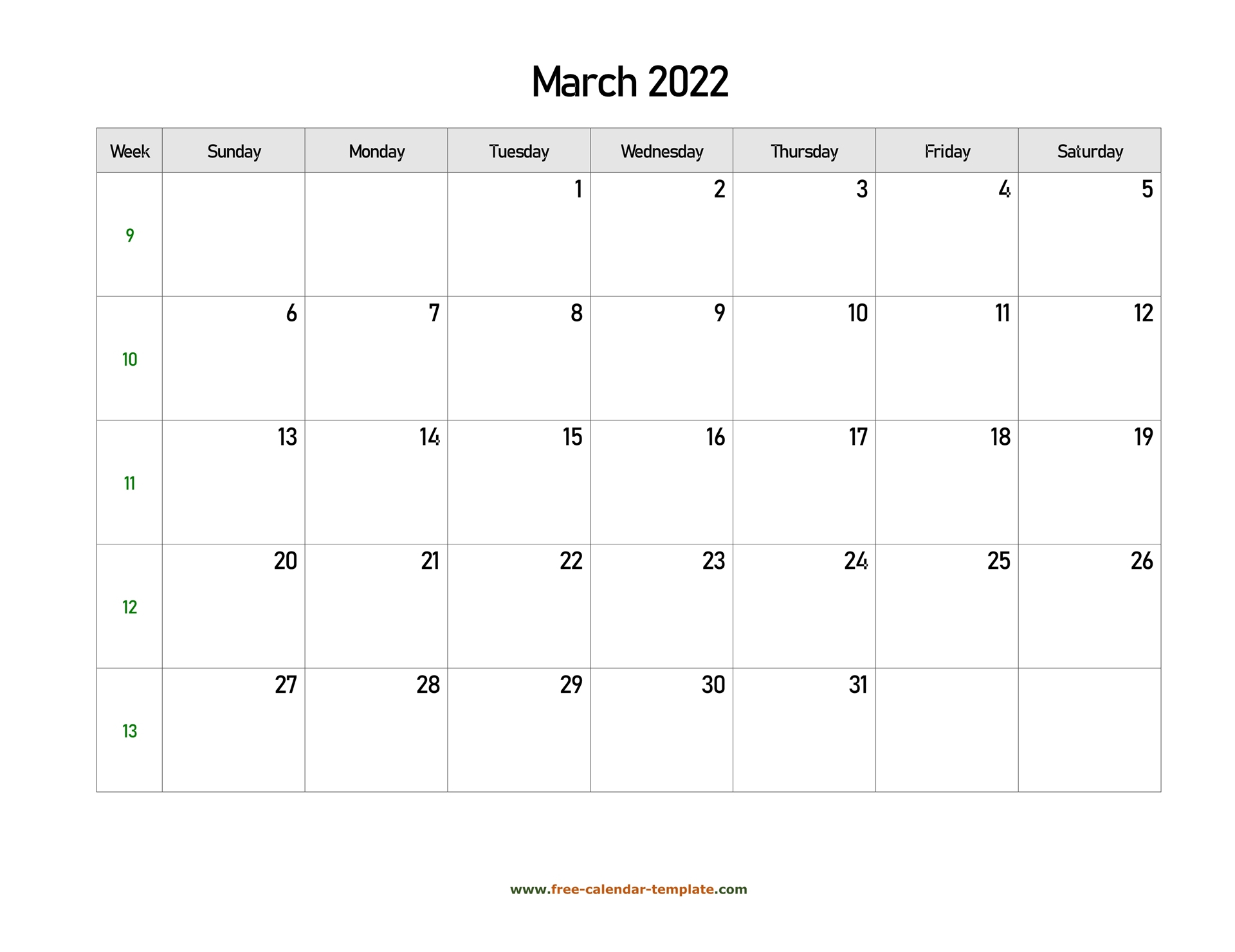 Free 2022 Calendar Blank March Template (Horizontal