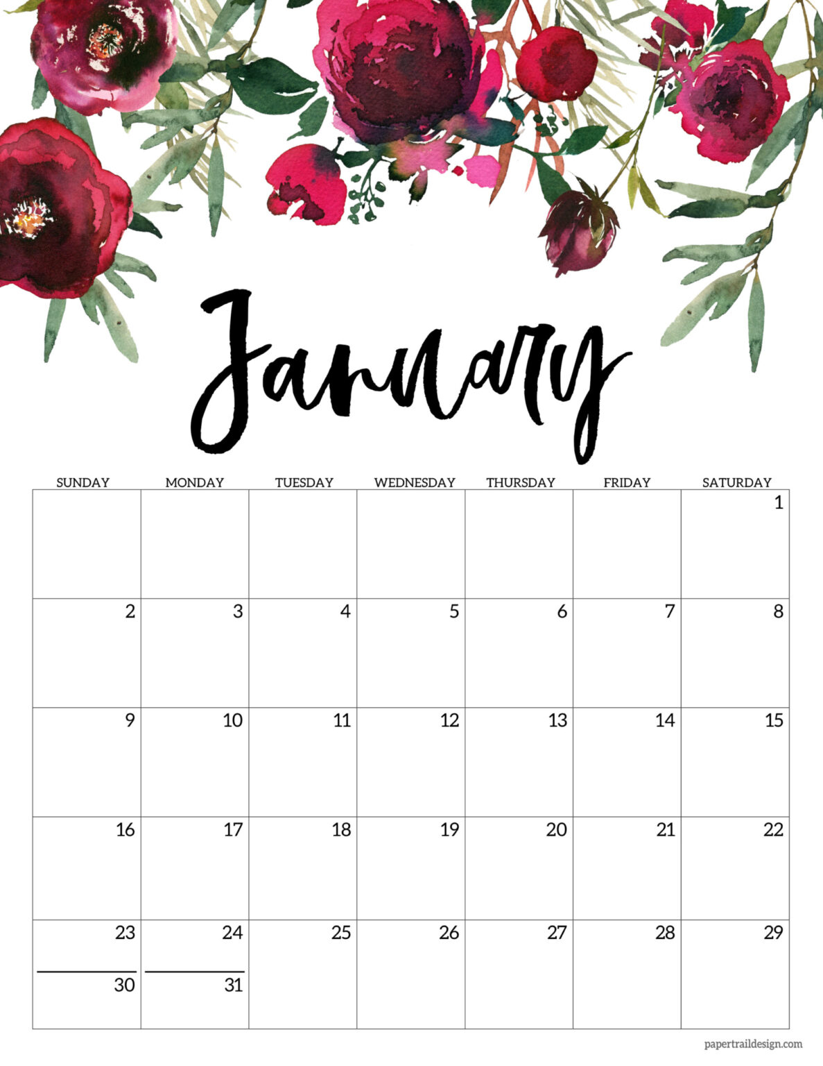 Free 2022 Calendar Printable - Floral - Paper Trail Design