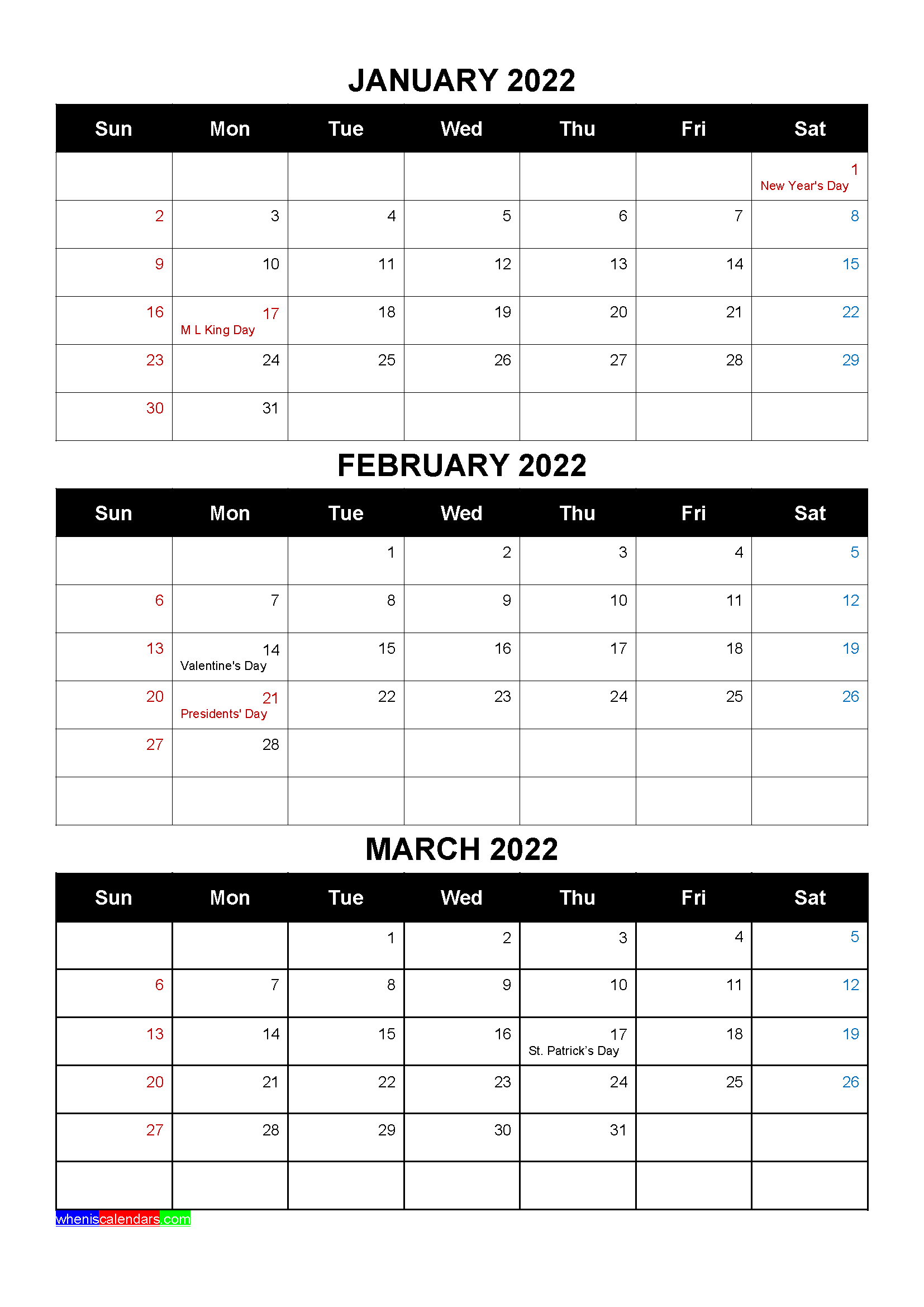 Free Calendar January February March 2022 With Holidays