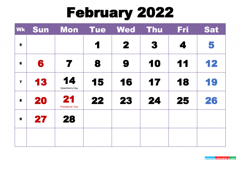 Free February 2022 Calendar With Holidays Printable