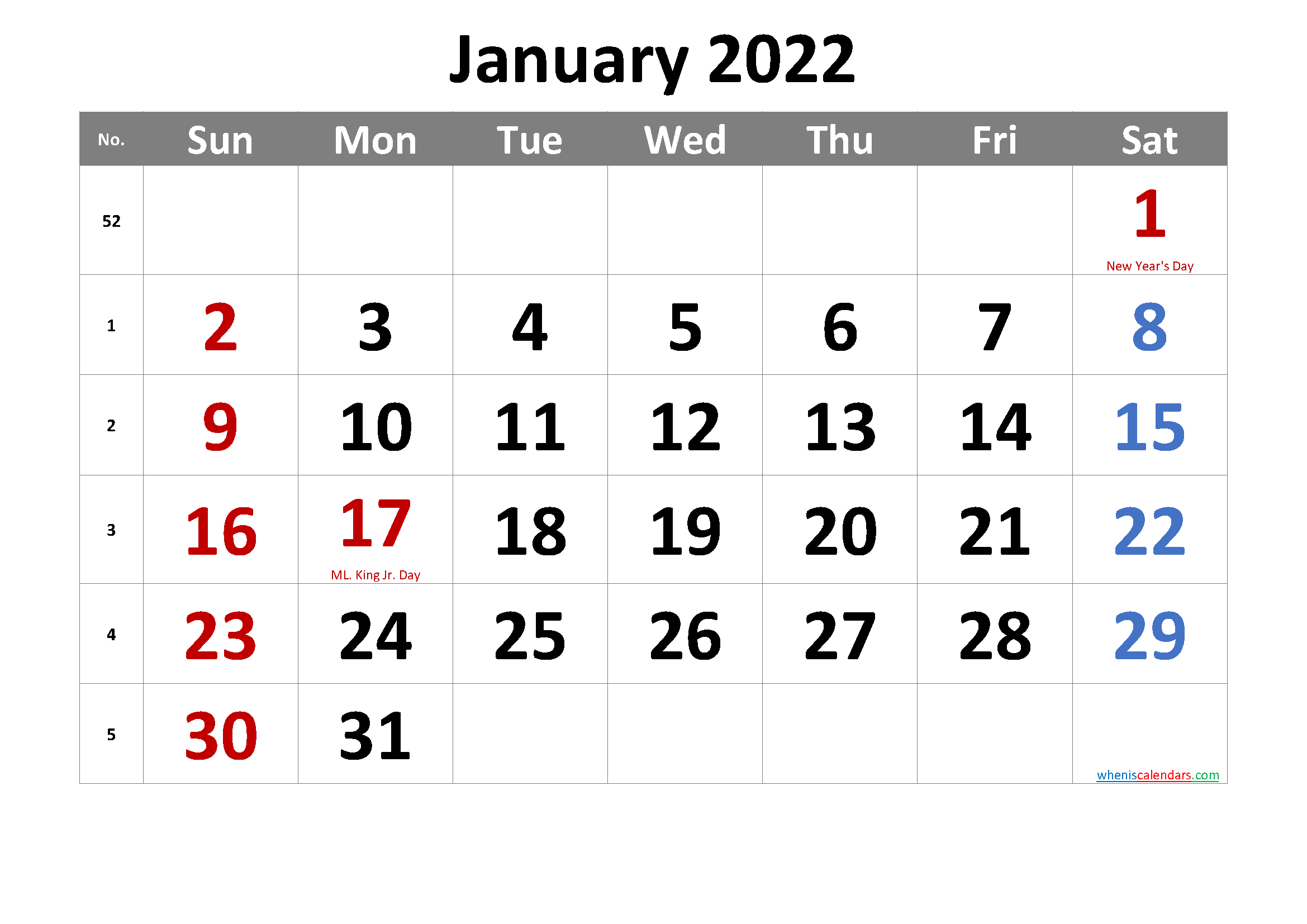 Free January 2022 Calendar Printable