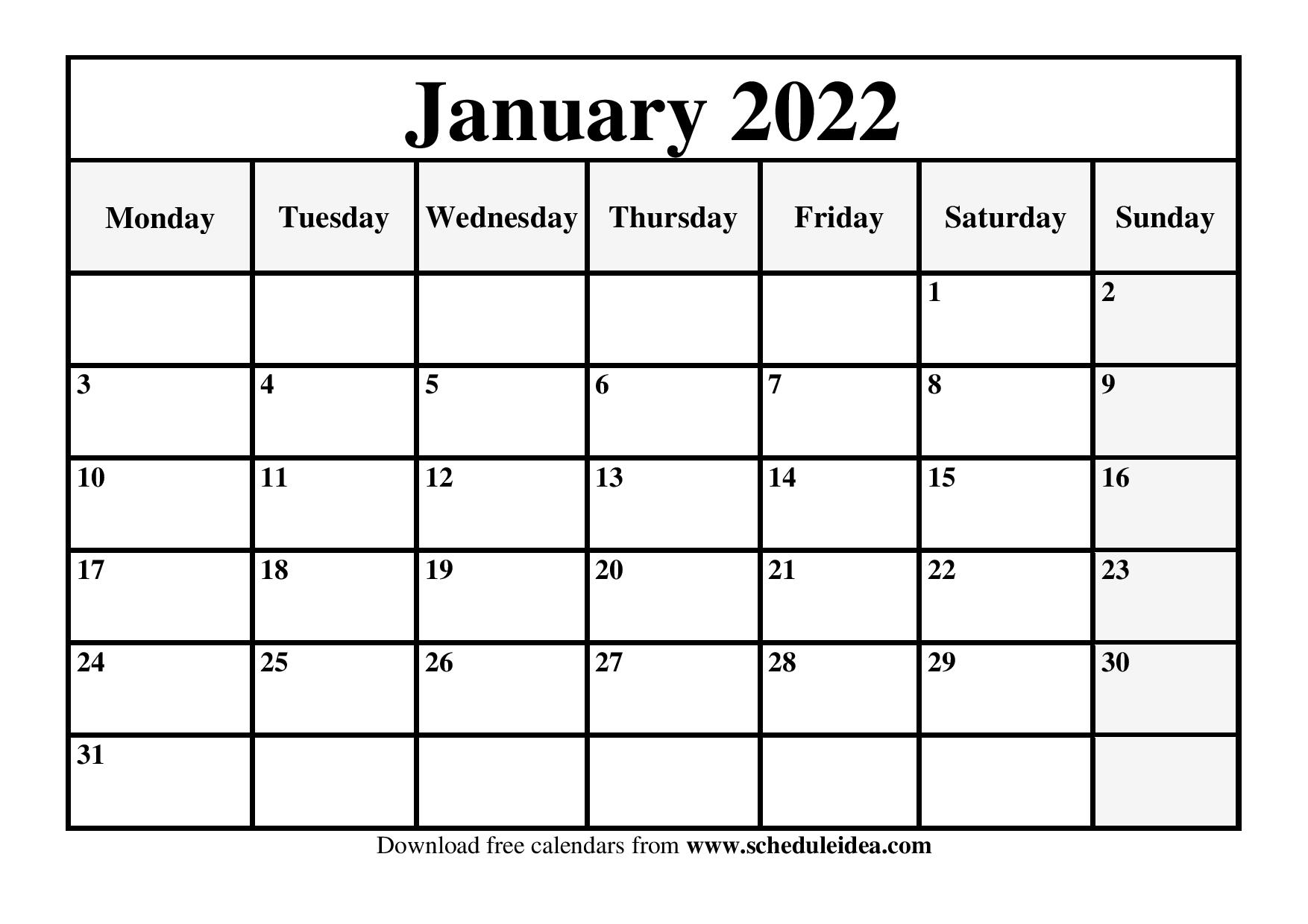 Free January 2022 Calendar Printable Template In Pdf