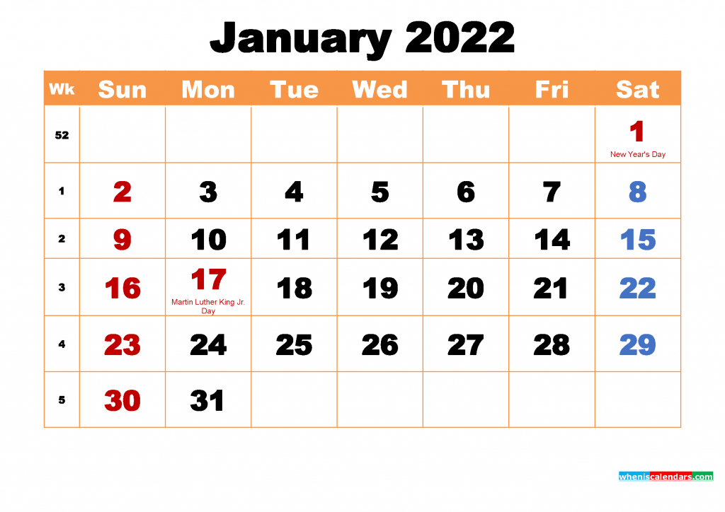 Free January 2022 Calendar With Holidays Printable - 2022