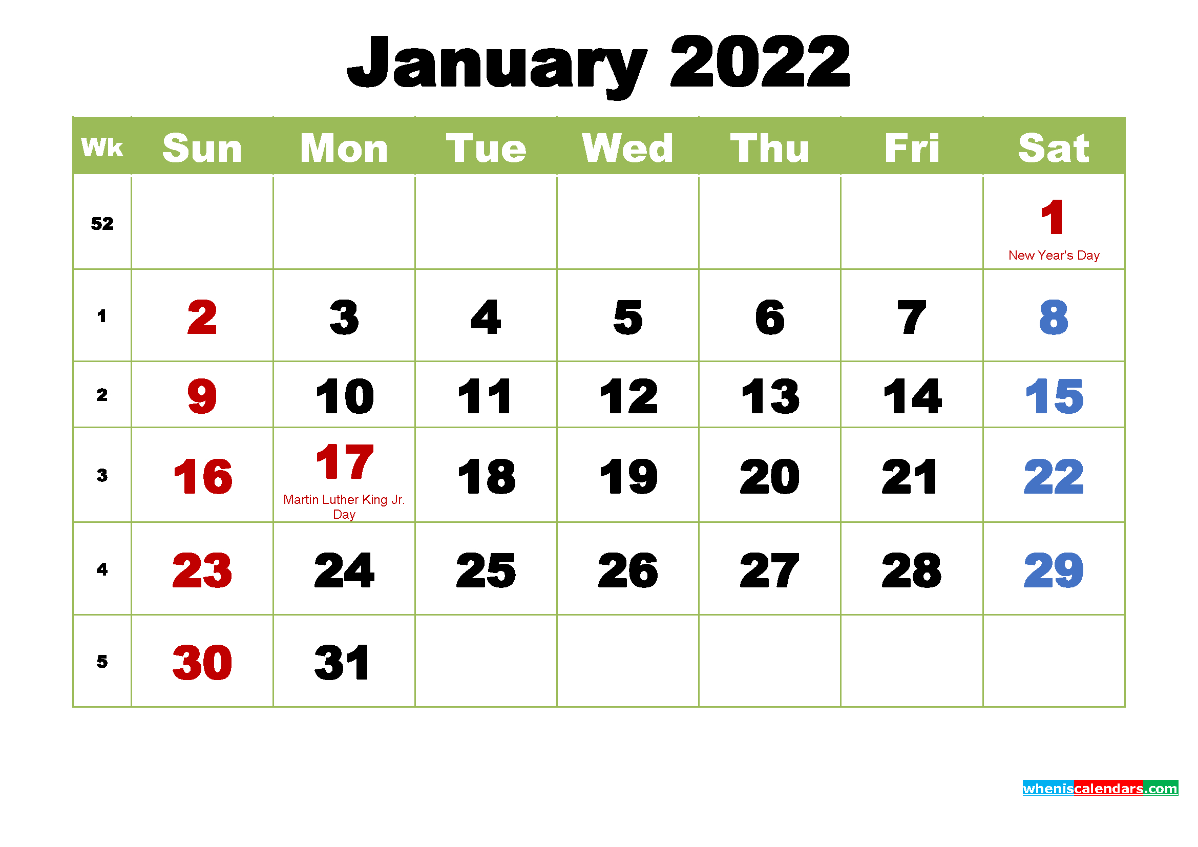 Free January 2022 Printable Calendar With Holidays - Free