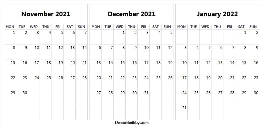 Free November 2021 To January 2022 Calendar Template