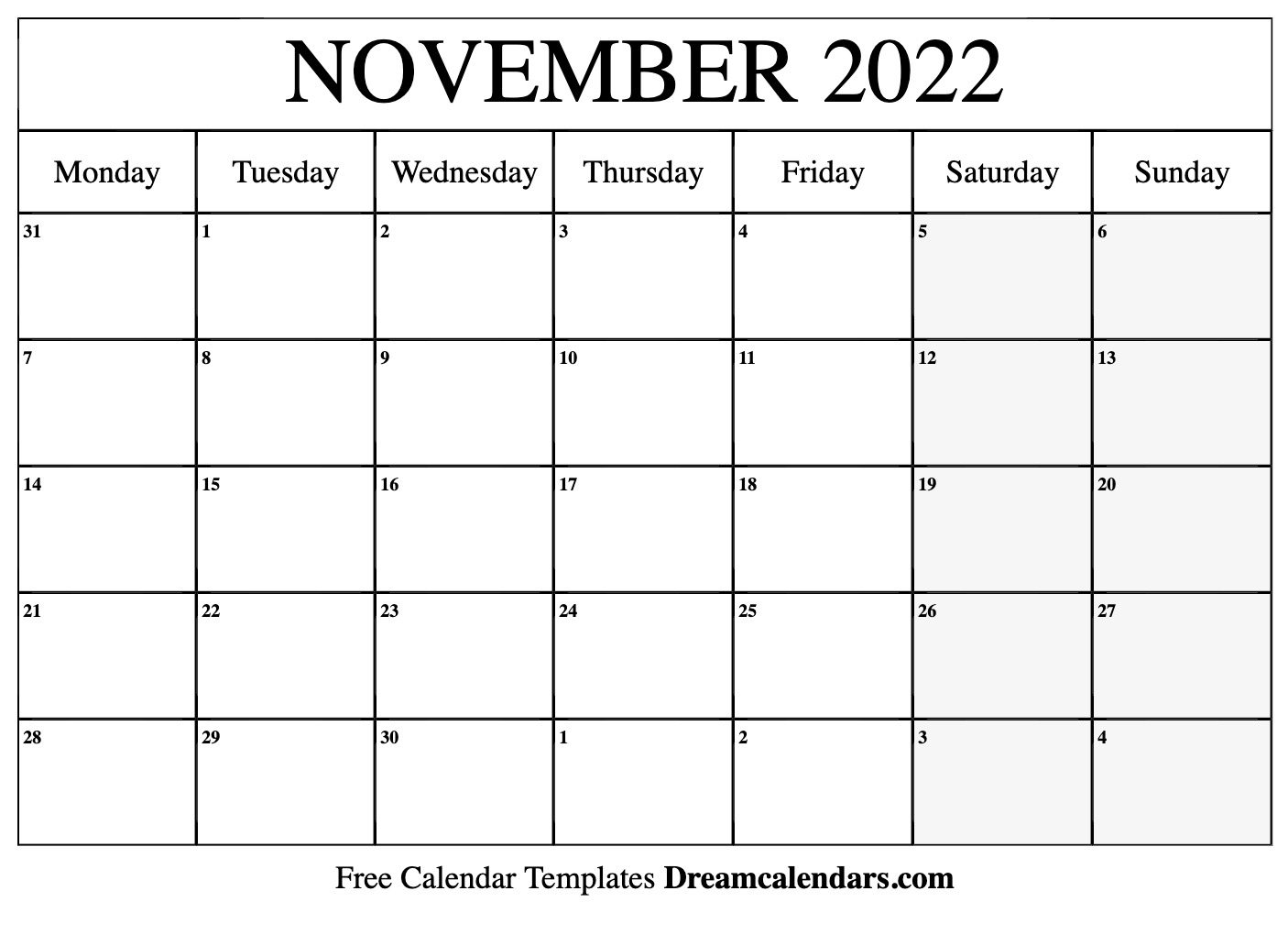 Free November 2022 Calendar Leap
